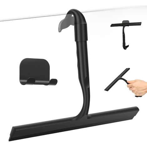 Raclette de douche en silicone de 25 cm avec crochet intégré, raclette de douche flexible, raclette de douche noire, raclette de fenêtre sans traces, sans couinage, pour verre, carrelage et (1/5)