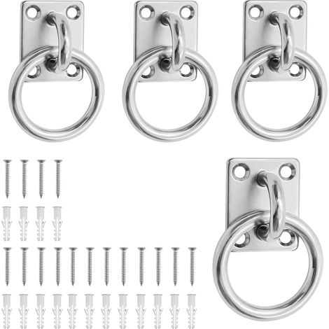 Plaques Œil Acier Inoxydable, 4 Pièces Fixation Plafond Acier INOX 304, Oeillet 5 mm, Carré Anneaux de Fixation Cheval, avec Vis et Tube Expansion, pour Colonnes Bois, Murs Pleins, Plafonds (1/5)