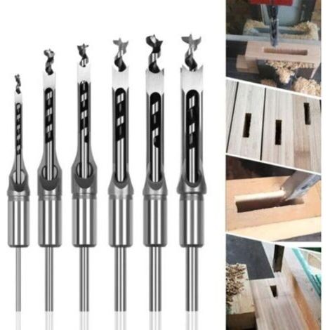Lot de 6 Forets à bois trou carré Bédanes Creux en Acier Outils Set pour travail du bois Foret a trou carre Foret Trou de Perçage Mortaiser Burin 6,4/8/9,5/12,7/14/16mm Mèches Trou Carré (1/4)
