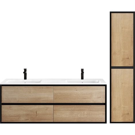 Mobile per bagno sospeso e lavabo da incasso e colonna 150 cm Naturale chiaro e Nero - LANNICK