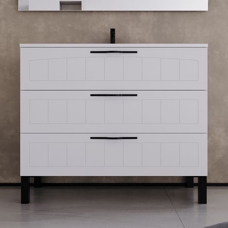 Meuble de salle de bain 90cm simple vasque - 3 tiroirs - sans miroir - blanc - CALA (1/5)