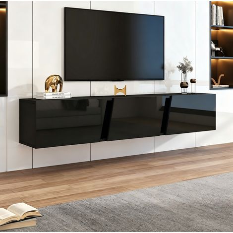 TV Lowboard Wandmontage mit 3 Klapptüren und LED, für Fernseher bis 75 Zoll, Hochglanz, Schwarz, 180×35×30 cm (1/5)