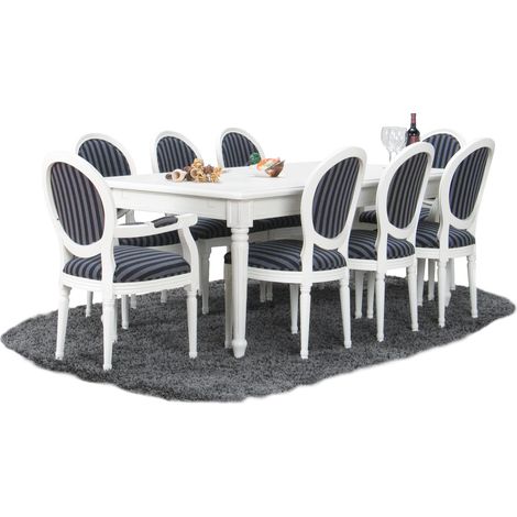 Amaretta Ensemble de salle à manger 100x180/280, 2 extensions inclues, vieux blanc avec 2+6 chaises rococo vieux blanc/noir.