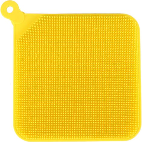 Éponge de vaisselle en silicone Brosse de nettoyage antibactérienne Douce Jaune 14,2cm Trou de suspension Ventouse (1/5)