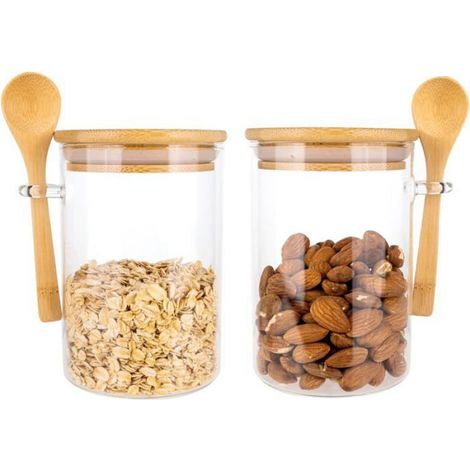 2 bocaux hermétiques, récipients de conservation en verre avec couvercles à cuillère en bois,400ML (1/5)