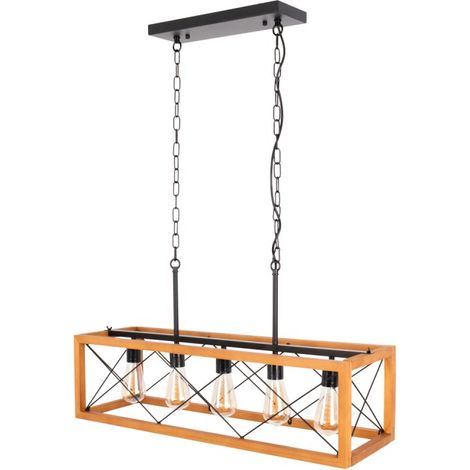 Plafonnier vintage bois et métal noir, 5xE27 80cm