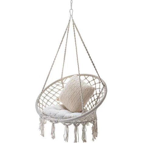 fauteuil suspendu en corde de coton pour exterieur avec franges design macramé couleur blanc crème dimensions hauteur 120 cm grand cercle 80 cm petit cercle 60 cm pour détente et loisirs (1/4)