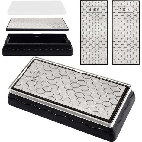 Pietra per affilare diamantata a doppia faccia (grana 400/1000, 185x92x40 mm), affilacoltelli in cera d'api con base antiscivolo, strumento per affilare coltelli e forbici per uso in cucina all'aperto (1/4)
