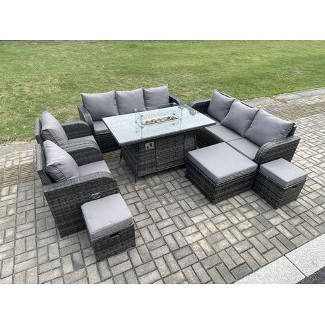 Fimous Polyrattan Gartenmöbel Set Gas Feuerstelle Esstisch mit Sessel Loveseat Sofa 3 Hockern (1/5)
