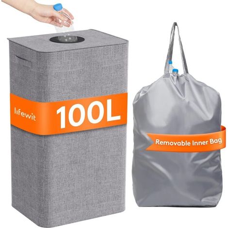 Panier à linge gris 100L avec couvercle à deux compartiments et sac amovible (1/5)