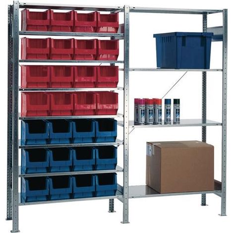 TECWERK Steckregal H2000xB1000xT400mm Grundregal 8 Stahlböden 12xMK3 blau,16xMK3 rot TW