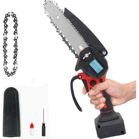 Mini motoseghe, motosega a batteria da 6 pollici, taglialegna elettrico con una mano con 2catene, per tagliare rami di alberi con blocco di sicurezza (senza batteria), compatibile con batteria Einhell (1/5)
