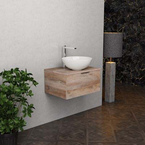 Inda - Badezimmerschrank B.60 mit Aufsatzwaschbecken / Natureiche 1 Schublade - Topazio (1/5)