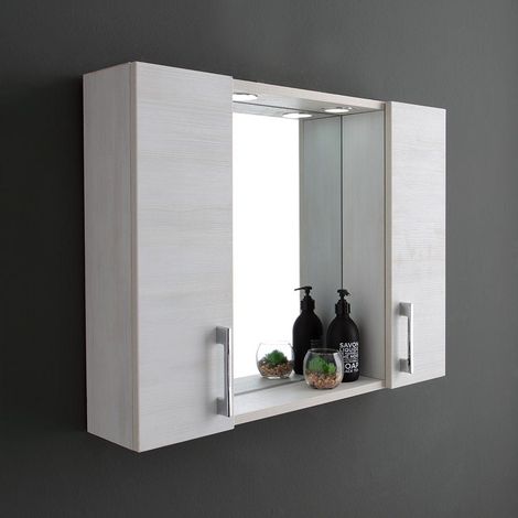 Contenedor Espejo De Baño Con Dos Muebles Altos De Roble Blanco Y Luz Led