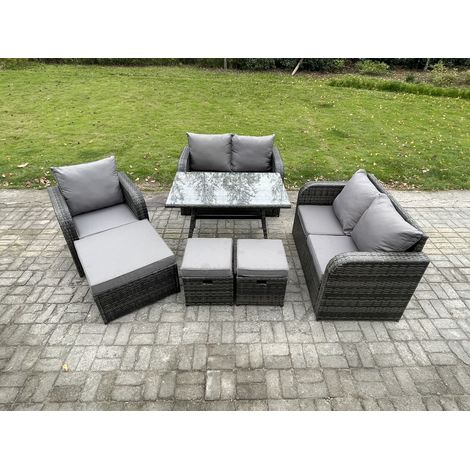 Fimous 8-Sitzer Polyrattan Gartenmöbel Set mit Esstisch Sesseln Love Sofa 3 Hockern Dunkelgrau Gemischt (1/5)