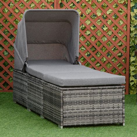 Tumbona de poliratán gris con toldo y cojín 195 x 65 x 40 cm (1/5)