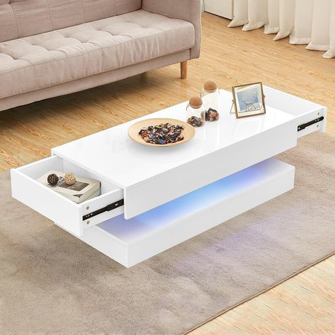 AINPECCA High Gloss Coffee Table with 2 Drawers Rectangle Sofa Table with RGB LED Light Living Room (1/5)