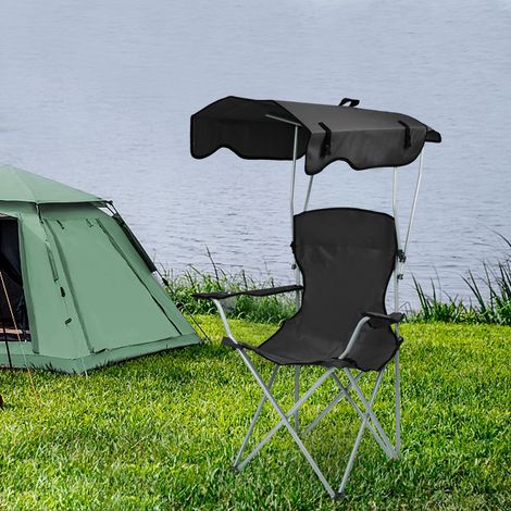 Chaise de Camping Pliante avec Accoudoirs, Pare-soleil, Porte-gobelet Charge 120KG Fauteuil de Camping pour Plage Pêche Noir (1/5)