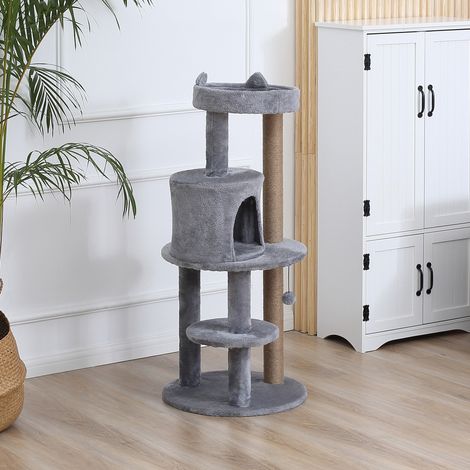 PawHut Multi-Geräte-Katzenbaum mit Kratzstämmen, Plattformen, Versteck, Spielzeug und Hängeball, Ø 48 x 104 cm (H), Grau