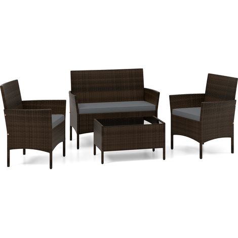 Salon de jardin gris 4 pièces en rotin PE avec coussins moelleux et table en verre trempé pour terrasse, jardin et piscine (1/5)