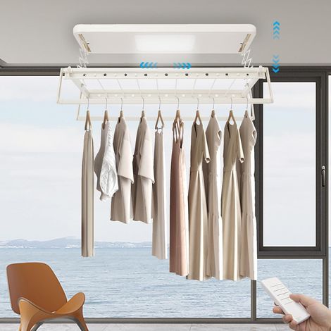 HAUTOUR Étendoir électrique de plafond - 130-215 cm, Séchoir à linge électrique, Étendoir mural au plafond avec télécommande et lumière LED, capacité de charge de 35 kg, pour balcon et appartement (1/5)