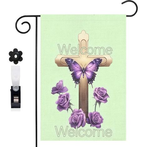 Drapeau vertical composition de croix et papillon violet 30 x 45 cm décoration saisonnière extérieure (1/5)