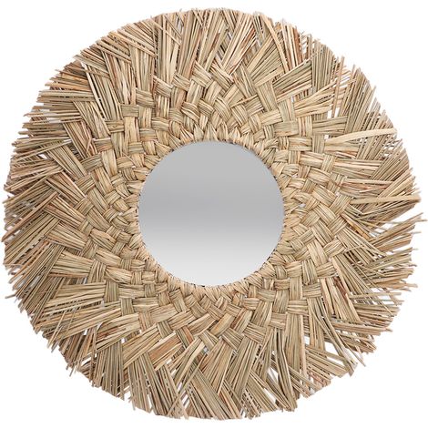 Miroir Suspendu Tressé en Paille Style Rétro Scandinave - Décoration Naturelle Ronde pour Dressing