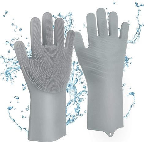 Gants en Silicone avec Brosse de Nettoyag, Sharp Réutilisables Gants Magiques Vaisselle pour Lavage, Vaisselle, Nettoyage, Cuisine, Ménage (Gray), (1/4)