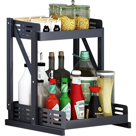 Spice Rack 34 x 28 x 38 cm Black Foldable 2 Tier Kitchen Spice Storage for Kitchen Counter Sturdy and Durable Stainless Steel Maximizes Kitchen Space Easy to Assemble (1/5)