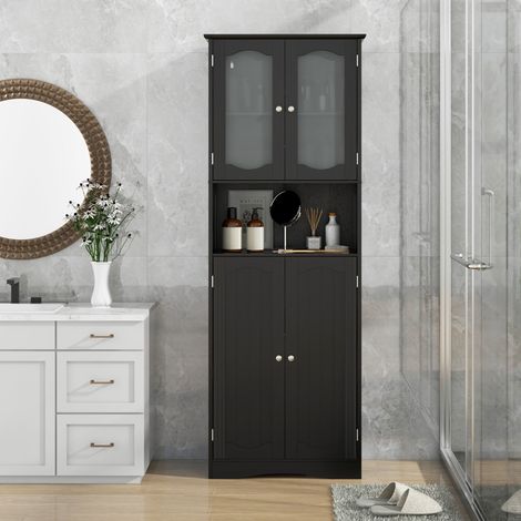 Armoire de Rangement de 164 cm de Haut Armoire Haute Autoportante Portes en Verre Givré Etagères pour Salle de Bain Cuisine Salon Noir (1/3)