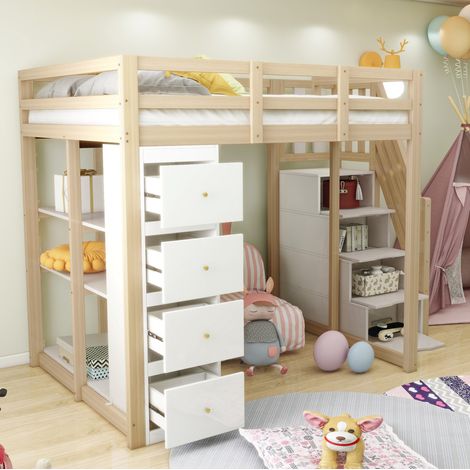 Letto a soppalco 140x200 cm, 4 cassetti, ripiano a 3 livelli, scala laterale con cassetti, legno, bianco e naturale (1/5)