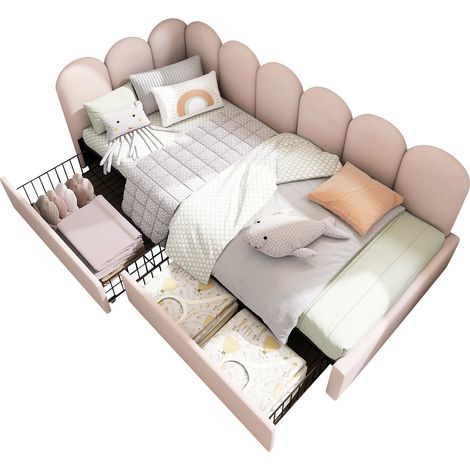 Lit banquette 90x190 velours rose 2 tiroirs sommier sans matelas (1/5)
