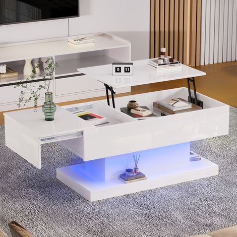 LED-Hebecouchtisch mit Stauraum 100 x 50 x 45 cm, weiß hochglänzend HAVRYA (1/5)