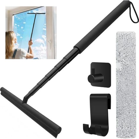 Raclette de Douche Extensible à Long Manche 30-140 cm, en Silicone, vec Gaine en Microfibre, Raclette de Cabine de Douche avec Crochet, pour Nettoyer Les fenêtres et Les miroirs (Noir) (1/5)
