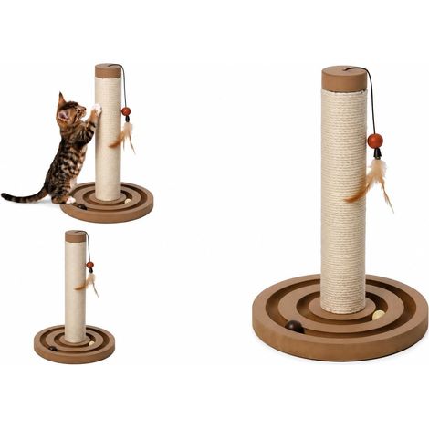 Arbre à Chat - Jouet Chat - Jouet à griffer Blanc - Circuit à balles - Corde en Jute - Jouet avec Plumes - 29,5 x 29,5 x 45 cm