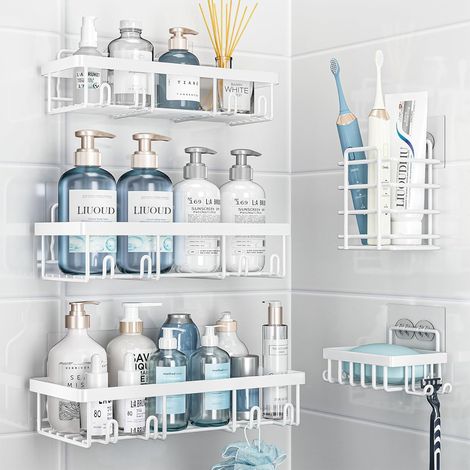 Paquet de 5 Douche Caddy Organizer Étagère pour douche intérieure, Panier de rangement mural adhésif pour salle , blanc (1/5)