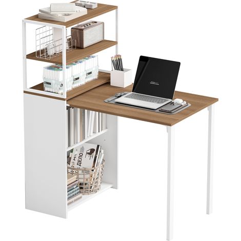 Schreibtisch Klappbar Küchentisch mit 4 Regal Computertisch Arbeitstisch Laptoptisch 105 x 60 x 127 cm Naturholz (1/5)