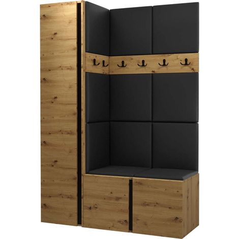 Mobilier1 – Meuble d'entrée Hartford – Chêne artisan – 186x124x44cm – Finition stratifiée et faux cuir – Installation murale ou sur pied