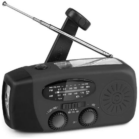 Radio meteo portatile ad energia solare per emergenze, radio AM/FM a manovella per la sopravvivenza con torcia a LED, power bank da 2000 mAh, nera (1/5)