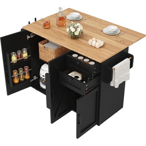 Kücheninsel, fahrbarer Küchenbuffet mit ausziehbarer Platte, 2 Schubladen & modularer Stauraum, 120 x 43(71) x 92 cm, Schwarz (1/5)