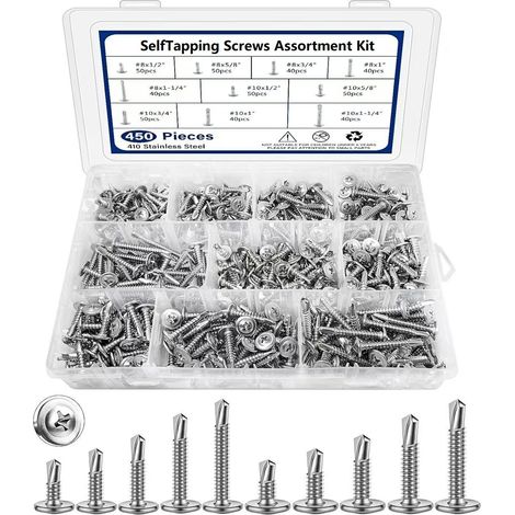 450 Stück Edelstahl-Selbstbohrschrauben, Bauschrauben-Set für Metallbleche (1/4)