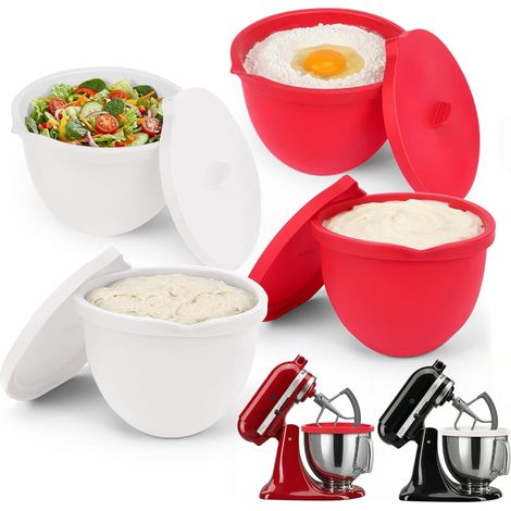4er-Set Silikonschüsseln mit Deckel für KitchenAid 5-Quart-Küchenmaschine mit Kippkopf – 2 rote + 2 weiße – lebensmittelechte Schüsseln zum Mischen, Aufbewahren und Reinigen (1/5)