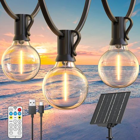 Guirlande Guinguette Extérieure Solaire 19M/61ft 25+2 Ampoules LED 8 Modes Luminosité Réglable IP44 Etanche Guirlande Lumineuse Minuterie - Blanc Chaud (1/5)