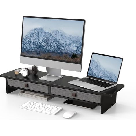 Support Ecran PC 90cm, 2 Tiroirs Lin, Ordinateur Moniteur TV, Noir (1/5)