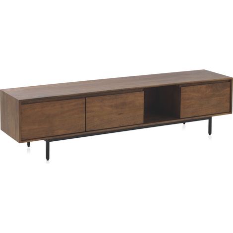 Fernsehschrank mit 3 glatten Türen, aus massivem Mangoholz, mit Metallbeinen. (1/5)
