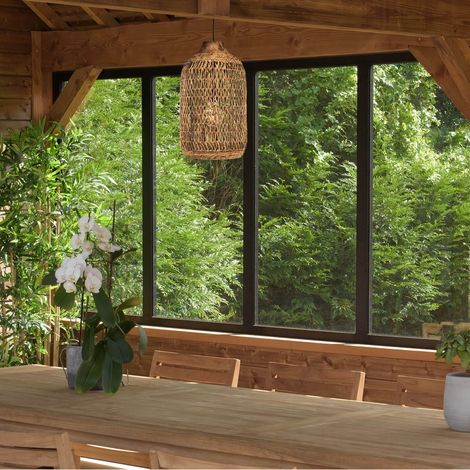 SIXTINE - Suspension 30x30cm en bois de teck recyclé et rotin (1/5)