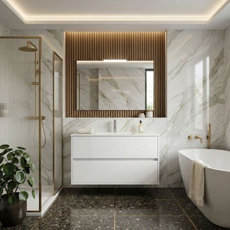 Mobile bagno sospeso 90x45 cm bianco lucido con 2 cassetti e lavabo incluso – Soria