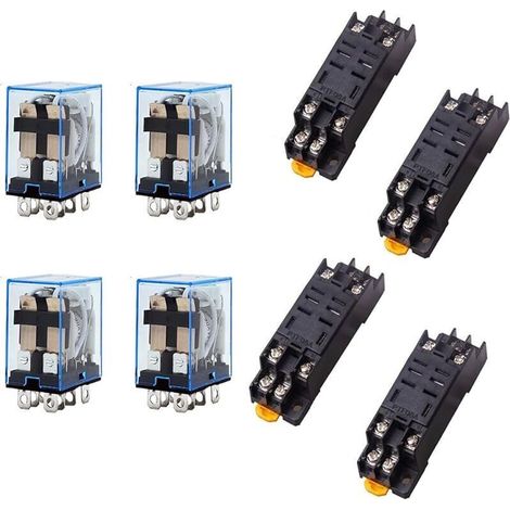 LY2NJ 4 Relais + 4 Bases de Relais, AC 220V Bobine 10A 240V Relais de Puissance, 8 Broches, Relais à Usage Général, Voyant LED, avec Base (1/5)