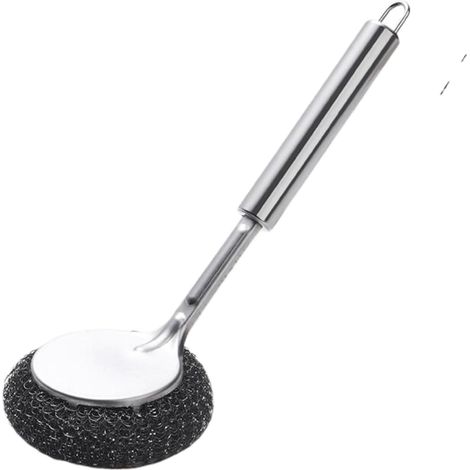 Cepillo de acero inoxidable para ollas con mango largo - Cepillo limpiador de ollas - Cepillo descontaminante grande con mango de bola de alambre de acero - 1 mango largo de acero inoxidable + 1 cabez