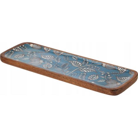 Servierplatte 30x10 cm, Holz, blau mit Blumenmuster (1/3)
